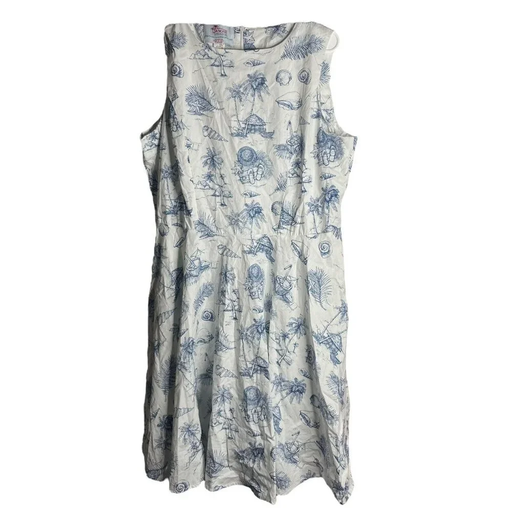 Hawaii Hangover Dress Womens 2XL Retro Fit Flare White Blue Map Tiki Dolphin - Picture 1 of 7